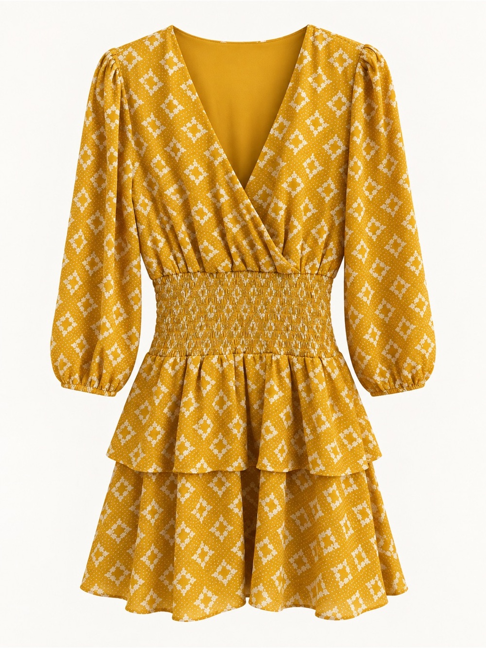 Mustard Yellow Floral Smocked Tiered Mini Dress | Size M